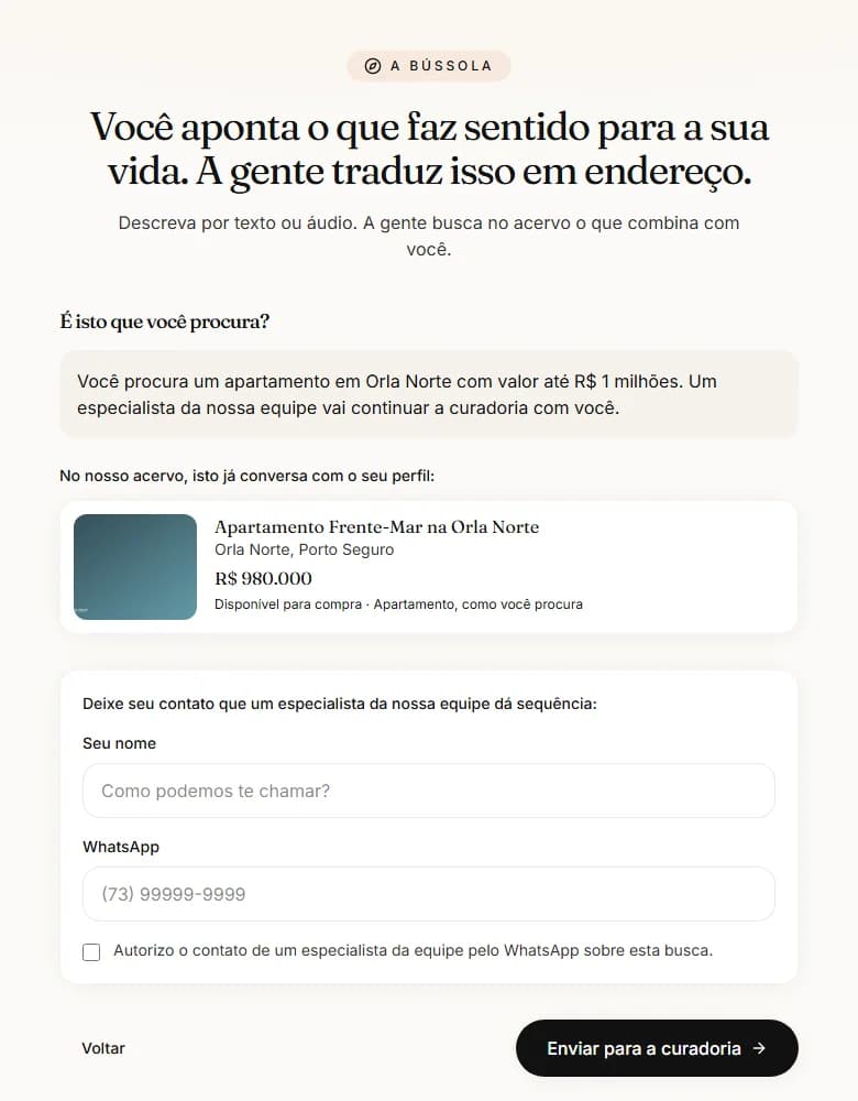 Tela real da Bússola interpretando uma busca e apresentando um imóvel compatível