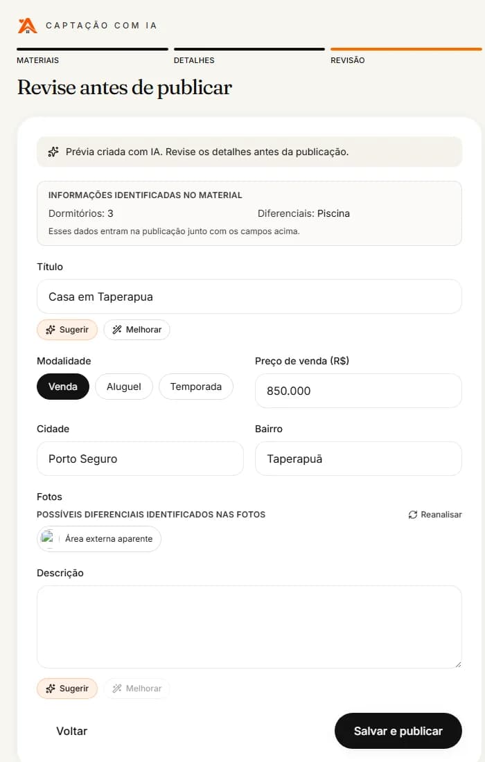 Tela real de revisão da captação assistida, antes de salvar e publicar